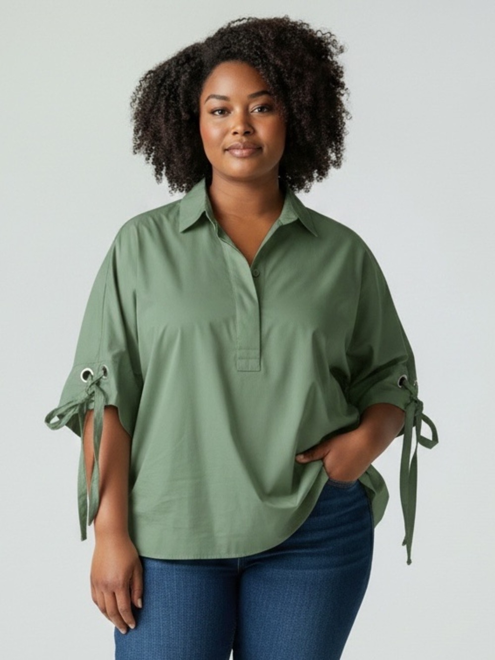 Chico’s 2 Green Blouse Top NWT Collared Short Sleeve Tie Preppy Poplin StPat NWT